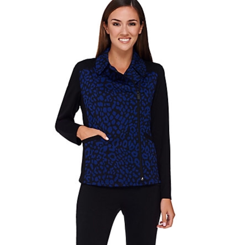Susan Graver Ponte Knit Leopard Moto Jacket, Blue